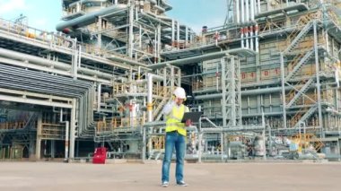Sanayi işçisi petrol rafinerisinde dizüstü bilgisayar kullanıyor.