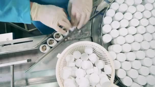 Tubos con pastillas se están cerrando en el transportador en una vista superior — Vídeo de stock