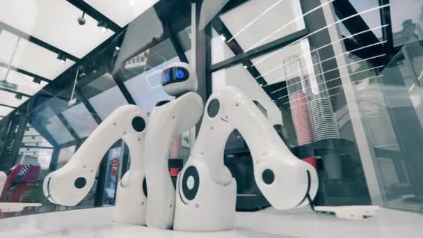 未来型ロボット、革新的な技術コンセプト。ハイテクドロイドは、店でコーヒーを提供する準備ができています — ストック動画