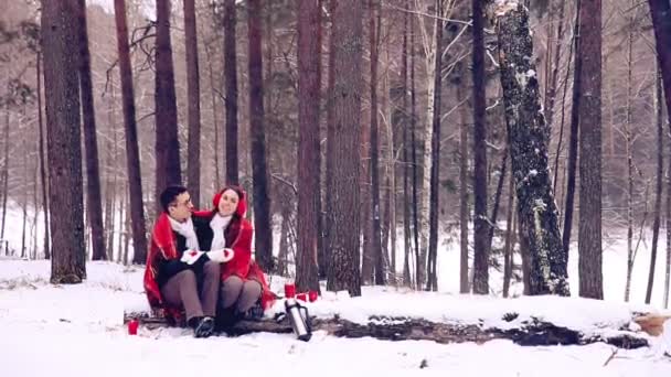 Giovani amanti, coppia che si diverte in una foresta invernale . — Video Stock