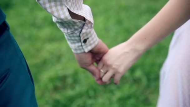 Erkek ve kadın, genç insanlar, mutlu evli yetişkin çift birbirlerine hads ve yürüyüş alır. — Stok video