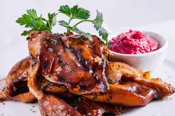 Roasted Pork Ears Fresh Horseradish Sauce White Plate — Stock Photo, Image