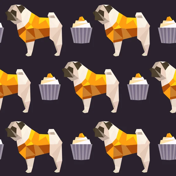 Polygon pug dogs with  cupcakes — Stock Vector