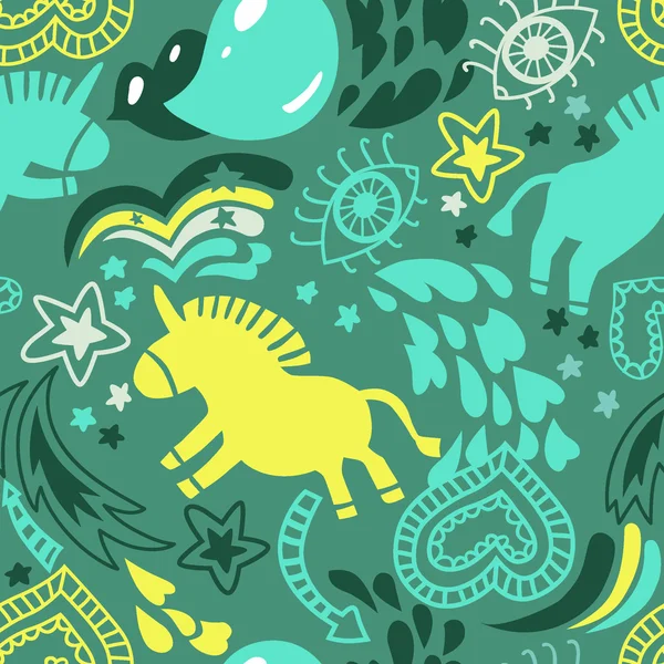 Безшовний зелений візерунок єдинорогів — стоковий вектор