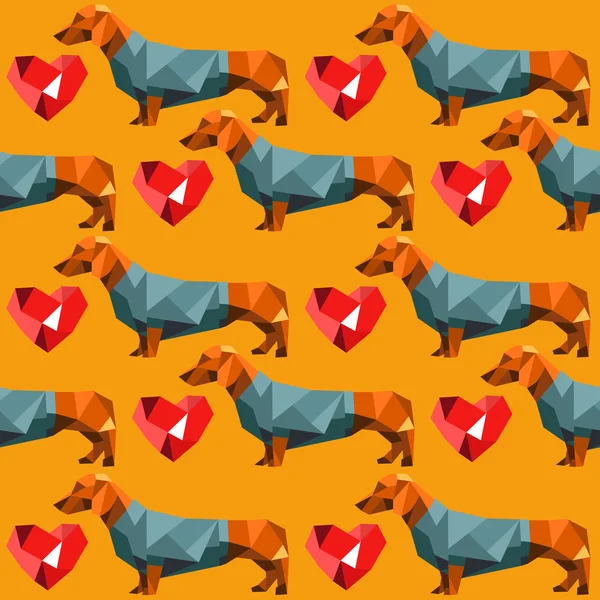 Polygon dachshunds and hearts — Stock Vector