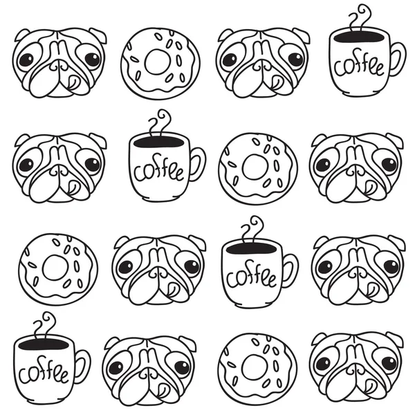 Funny pug puppies with donuts — Stock Vector