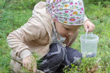 Çocuklar turist yürüyüşü sırasında ormanı keşfediyorlar..