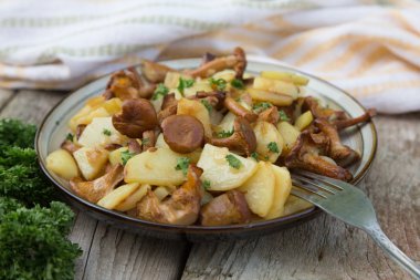 eski bir kapta chanterelles mantarlı patates kızartması genç 