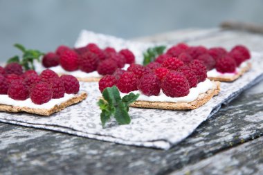 Lor peynir ve taze ahududu ile ekmek