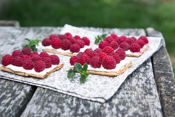 Bread with curd cheese and fresh raspberries — Stock Photo, Image