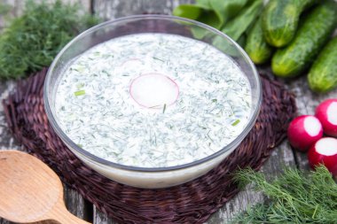 Kefir ile sebze ile Rus ilkbahar-yaz soğuk çorba