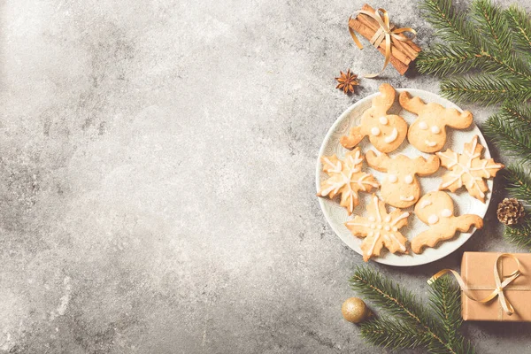 Antecedentes Natal Composição Natal Com Ramos Abeto Presentes Doces Biscoitos — Fotografia de Stock