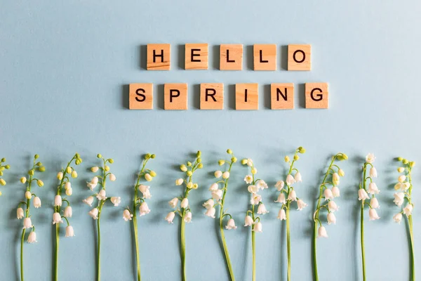 Lírios Vale Uma Foto Azul Texto Letras Madeira Olá Primavera — Fotografia de Stock