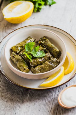 Dolma - Doldurulmuş Yunan şarap yaprakları (dolmades) gri ahşap arka planda
