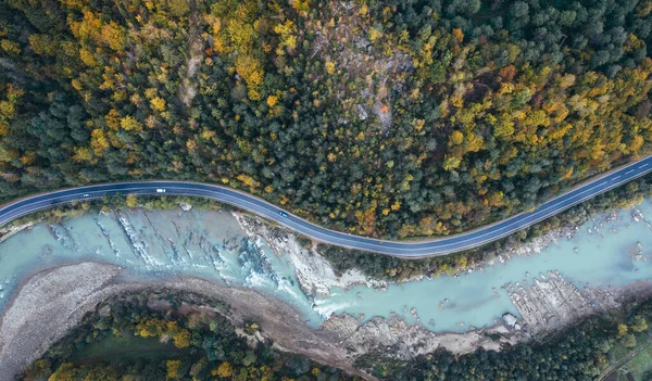 Letecký Pohled Trubce Lesa Silnice Řeky — Stock fotografie