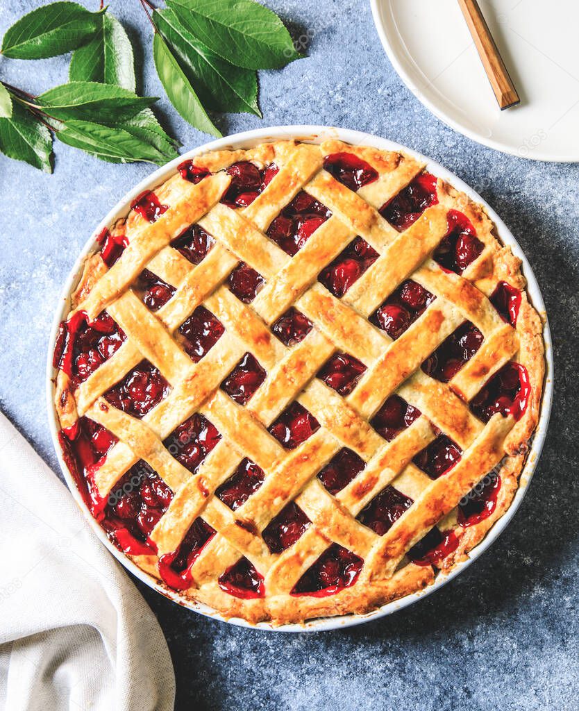Tasty homemade American cherry pie. Delicious Homemade Cherry Pie with a Flaky Crust