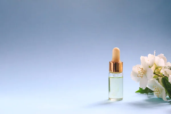 Jemné Jasmínové Květiny Olej Malá Lahvička Kosmetickým Čistícím Aromatickým Olejem — Stock fotografie