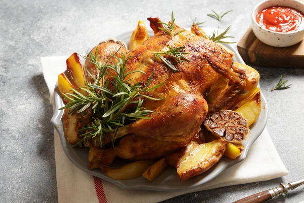 Baked Whole Chicken Rosemary Garlic Ketchup Gray Concrete Background Roasted — Stock Photo, Image
