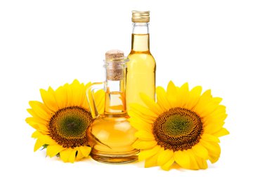 Beyaz izole vintage cam şişelerde ayçiçek yağı