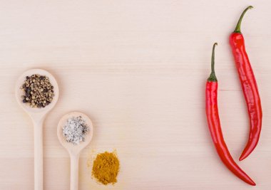 Tuz, biber ve ahşap arka plan ve iki ch kaşığı köri