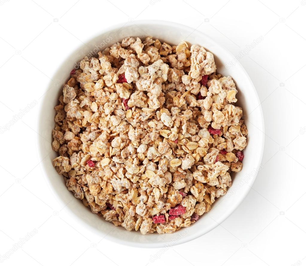 Bowl of whole grain muesli on white background