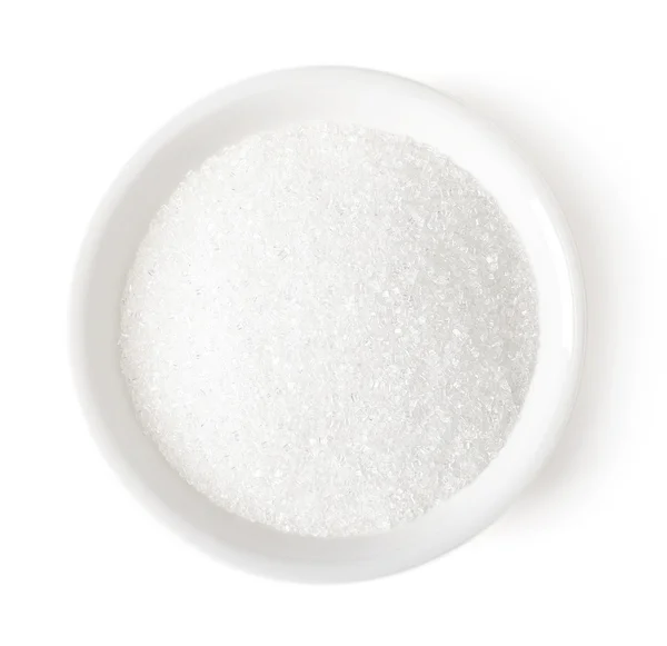 Μπολ με ζάχαρη σε άσπρο φόντο, κάτοψη — Φωτογραφία Αρχείου
