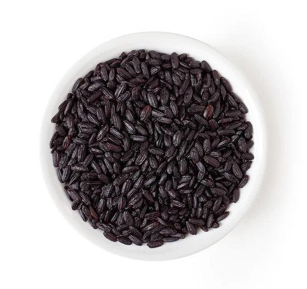 Tigela de arroz preto isolado em branco, de cima — Fotografia de Stock