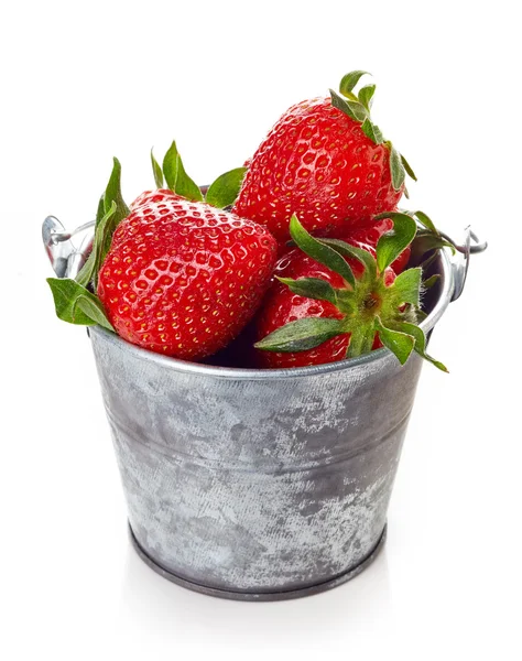 Strawberry in metallic bucket isolated on white — Stock Photo, Image