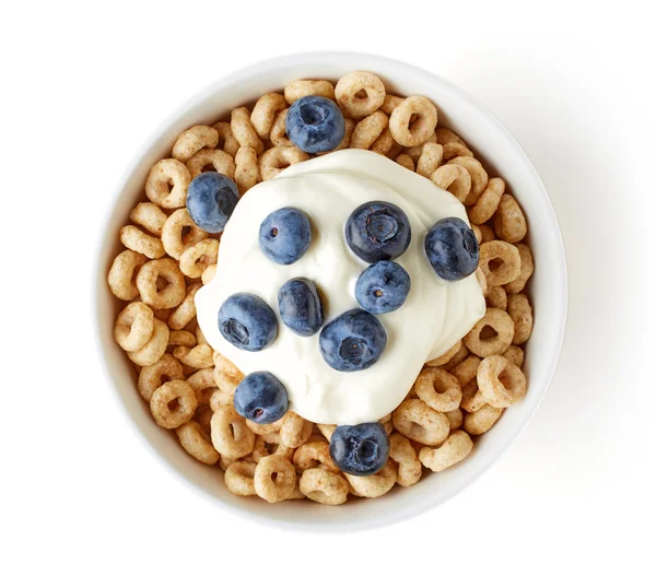 Ciotola di cereali integrali cereali cereali con yogurt ai mirtilli, fro — Foto Stock