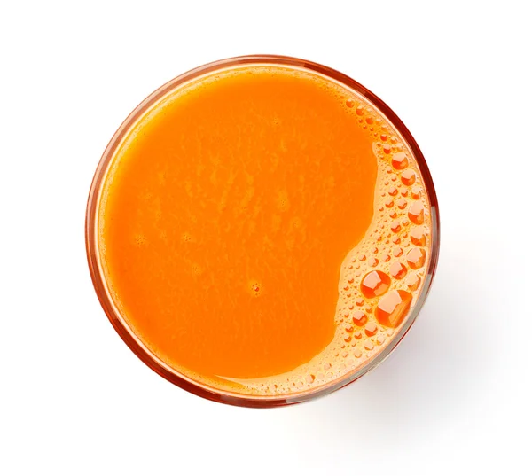 Glass of fresh carrot juice isolated on white, from above — Stock Photo, Image