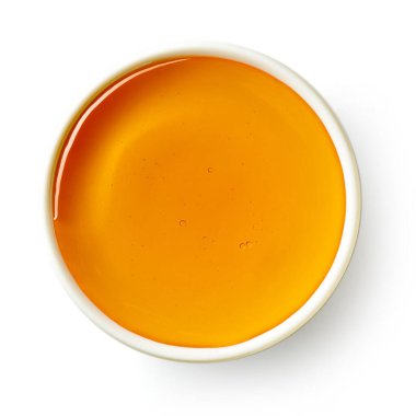 Beyaz arka planda izole edilmiş beyaz bal kasesi, üst görünüm