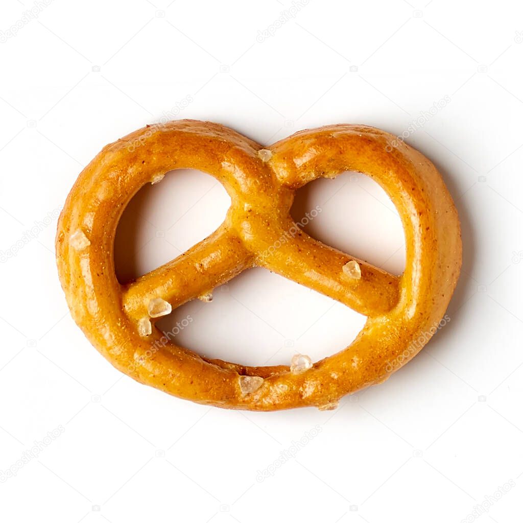 Salted mini pretzel isolated on white background, from above