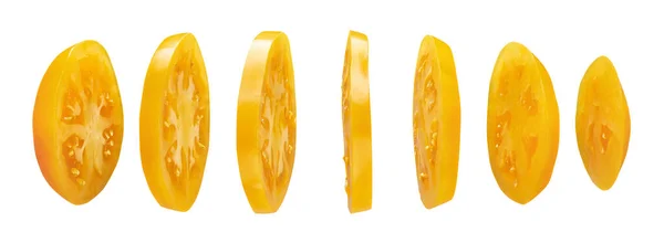 Yellow Tomato Slices Levitating Air Isolated White Background — Stock Photo, Image
