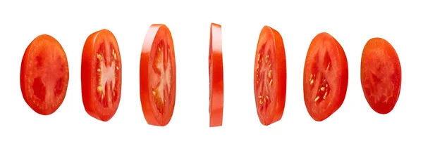 Tomat Merah Irisan Melayang Udara Terisolasi Pada Latar Belakang Putih — Stok Foto