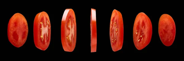 Red Tomato Slices Levitating Air Black Background — Stock Photo, Image