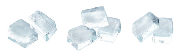 Ледяные кубики, левитирующие в воздухе; изолированные на белом фоне