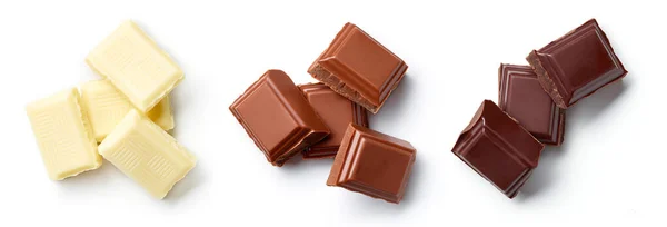 Heap Escuro Leite Chocolate Branco Peças Isoladas Fundo Branco Vista — Fotografia de Stock