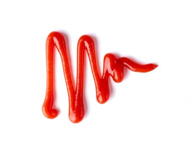 Beyaz arka planda izole edilmiş domates ketçapı lekeleri, üst görünüm