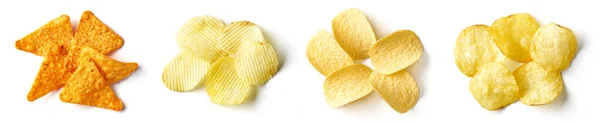 Куча Различных Соленых Картофельных Чипсов Белом Фоне Вид Сверху — стоковое фото