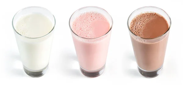 Milch Schokoladenmilch Und Erdbeermilch Isoliert Auf Weißem Hintergrund — Stockfoto