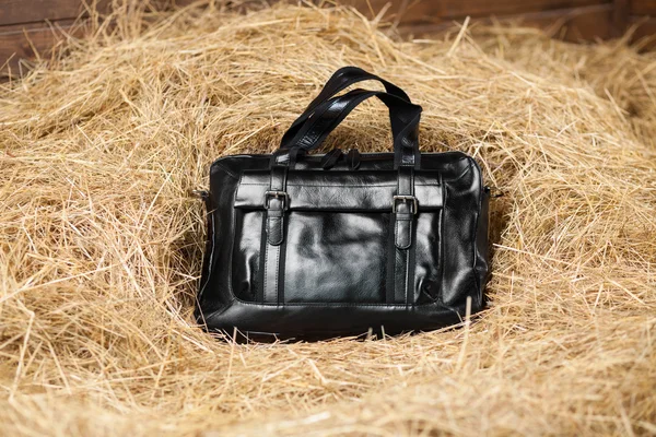 Ledertasche im Heu — Stockfoto