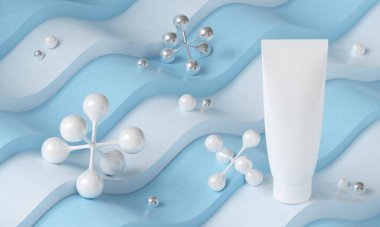 Beyaz kozmetik ürün losyonu. dalga okyanus konsepti. Bilim hücresi molekülü konsepti. Kozmetik konteynır. Cilt bakım ürünü. Mockup beyaz şişe. yüz losyonu. 3d illüstratör.