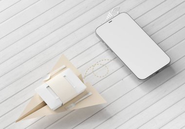 Lokantadan yemek paketi geldi. Akıllı telefon beyaz ekran modeli. yemek siparişi başvurusu. Kağıt jetli beslenme çantası maketi. Fast food kahvaltı öğle yemeği konsepti. Yemek kutusu. 3d oluşturma