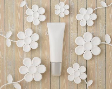 Beyaz kozmetik ürün paketi. Losyon kremi konteynırı. kırmızı çiçek ahşap arka plan. Model ürün kozmetik. Güzel vücut ürünü. Çiçek objesi. Çiçek masalı konsepti. 3d oluşturma