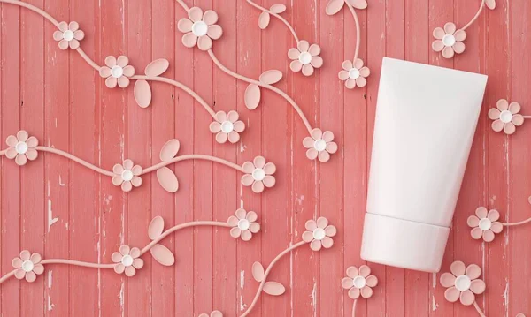 Beyaz kozmetik ürün paketi. Losyon kremi konteynırı. kırmızı çiçek ahşap arka plan. Model ürün kozmetik. Güzel vücut ürünü. Çiçek objesi. Çiçek masalı konsepti. 3d oluşturma