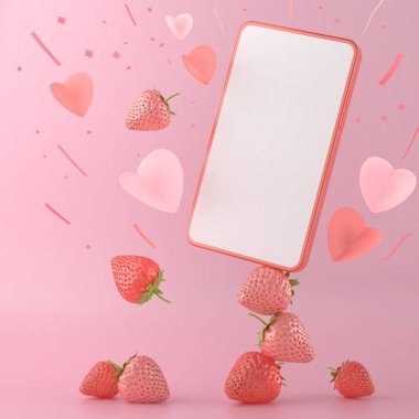 Sevgililer Günü konsepti olan akıllı telefon. Pembe bir arka planda sevgililer günü kalbi ve aşk kalbi. Pembe çilek. Sevgililer Günü. Pastel rengin güzelmiş. Cep telefonu bağlantısı. Aşk kutlaması 3D illüstratör.
