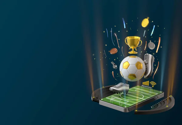 Akıllı telefondan futbol sporu çevrimiçi. Futbol sahası ekranlı telefonu. Futbol turnuvası konsepti. Spor kanalı. Spor uygulaması devrede. Futbol kanalı. Futbol yarışması. 3d illüstratör.