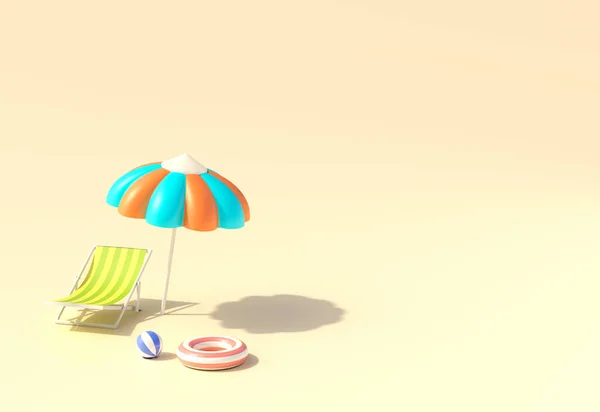 Yaz sahili, plaj sandalyesinde şemsiyeli ve lastik yüzüklü. Beyaz kum ve gündüz vakti deniz kıyısında. arkaplan duvar kağıdı ve kopyalama alanı. 3d illüstratör