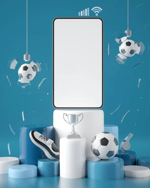 Futbol çevrimiçi uygulaması. Spor kanalı canlı yayın. Futbol oyunu programı. Futbol topu objesi. Futbol sporu online turnuvası. Beyaz ekranlı akıllı telefon modeli. kopyalama alanı. 3d illüstrasyon