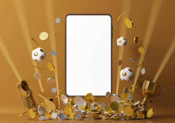Futbol internette canlı yayında. Beyaz ekranlı akıllı telefon modeli. Spor yayın kanalı. İnternet oyun programı. Turnuva tasarımı. Futbol sporu online turnuvası. kopyalama alanı. 3d illüstrasyon.